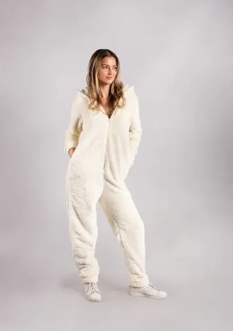 Peluş Tulum Pijama Takımı Krem