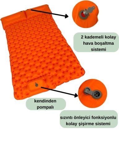 ŞİŞME YATAK ÇİFT KİŞİLİK - KENDİNDEN POMPALI - TURUNCU