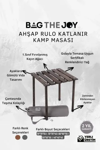 BAG THE JOY AHŞAP KATLANIR RULO KAMP MASASI / ANTRASİT (70*70*55)