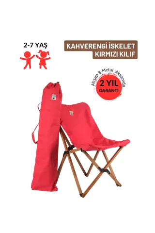 BAG THE JOY KIDS KATLANIR AHŞAP KAMP & BAHÇE SANDALYESİ KAHVERENGİ İSKELET – KIRMIZI KILIF