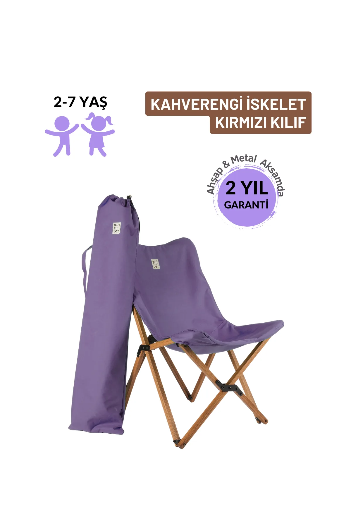 BAG THE JOY KIDS KATLANIR AHŞAP KAMP & BAHÇE SANDALYESİ KAHVERENGİ İSKELET –MOR KILIF