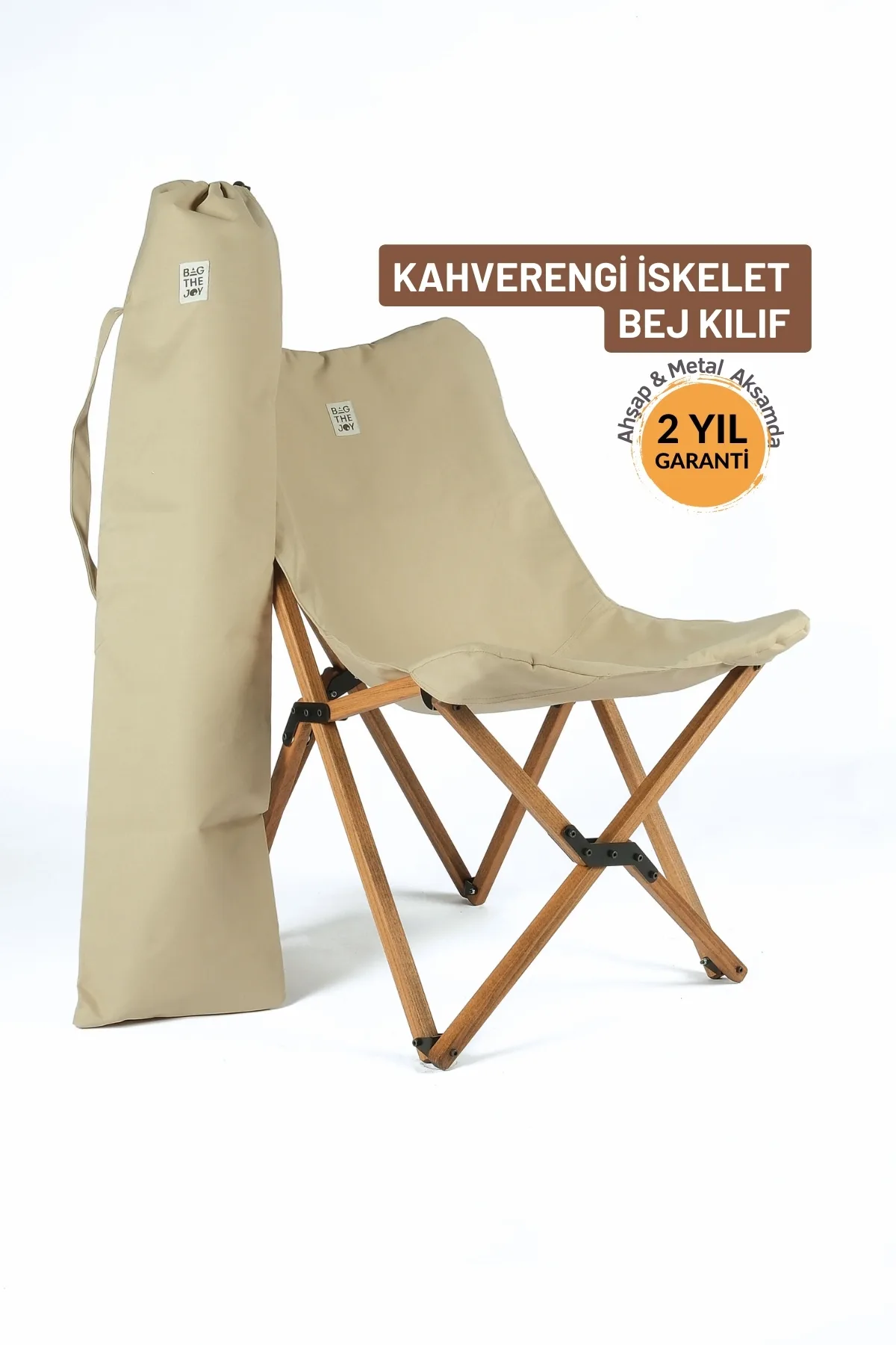 BAG THE JOY KATLANIR AHŞAP KAMP ve BAHÇE SANDALYESİ – KAHVERENGİ İSKELET – BEJ KILIF