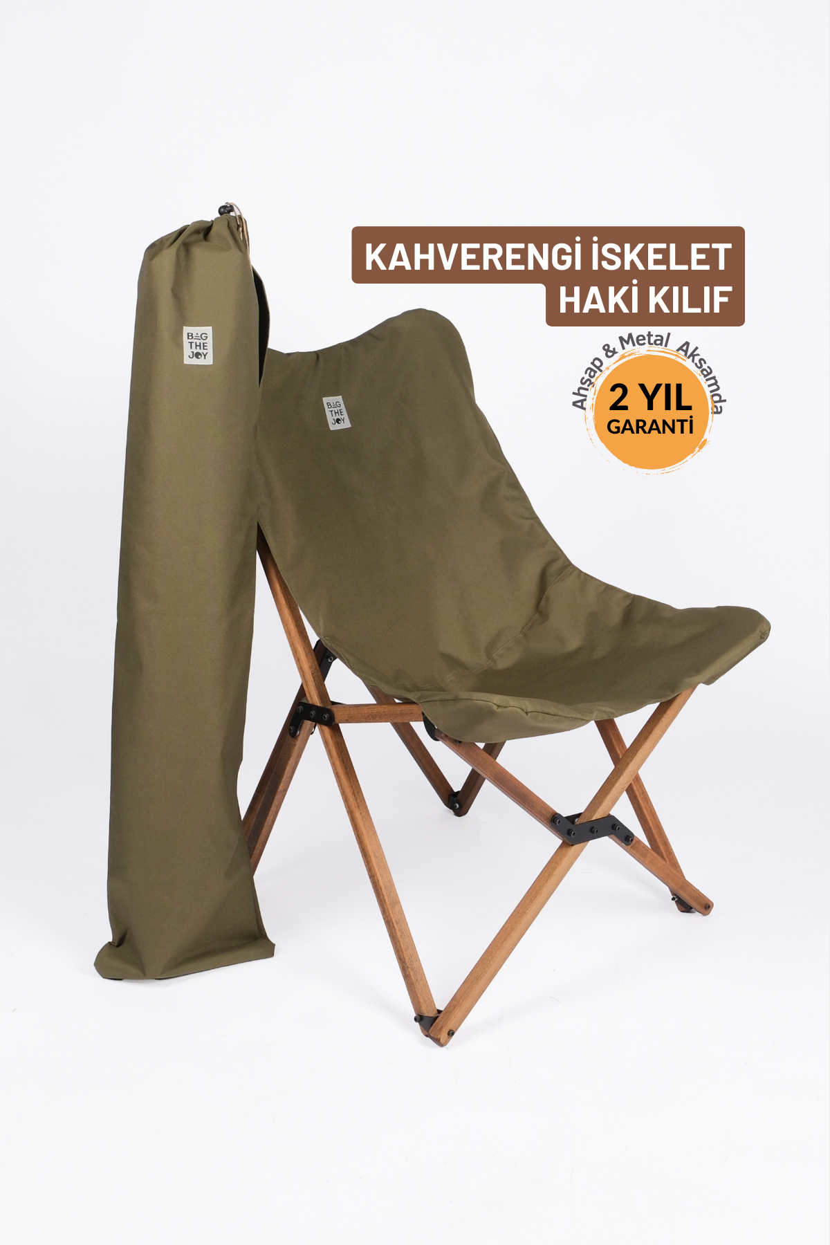 BAG THE JOY KATLANIR AHŞAP KAMP ve BAHÇE SANDALYESİ – KAHVERENGİ İSKELET – HAKİ KILIF