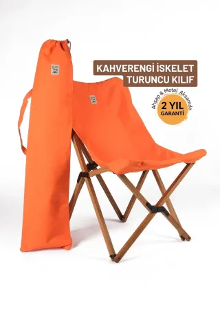 BAG THE JOY KATLANIR AHŞAP KAMP ve BAHÇE SANDALYESİ – KAHVERENGİ İSKELET – TURUNCU KILIF