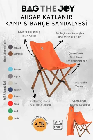 BAG THE JOY KATLANIR AHŞAP KAMP ve BAHÇE SANDALYESİ – KAHVERENGİ İSKELET – TURUNCU KILIF