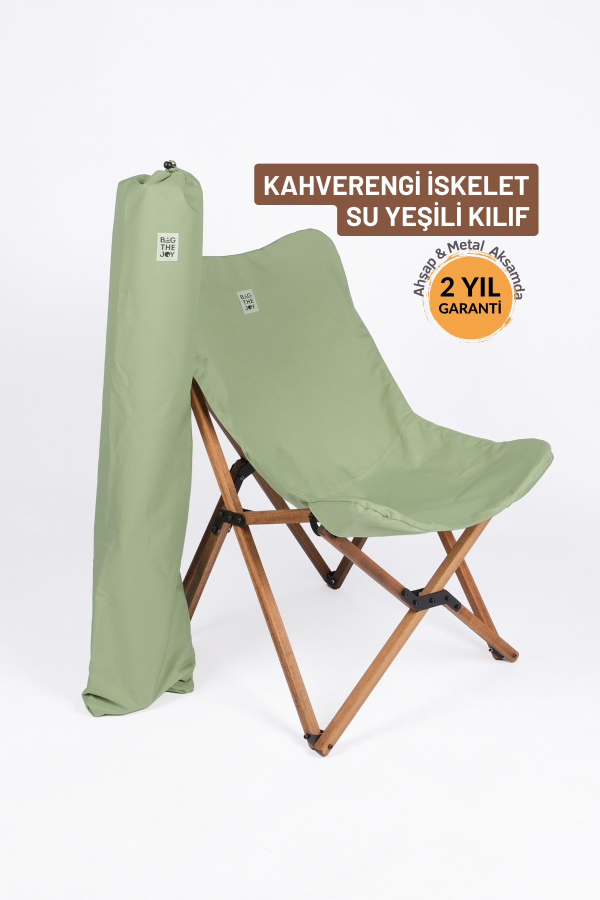 BAG THE JOY KATLANIR AHŞAP KAMP ve BAHÇE SANDALYESİ – KAHVERENGİ İSKELET –  SU YEŞİLİ KILIF