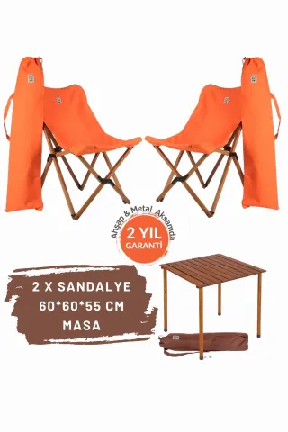BAG THE JOY AHŞAP KATLANIR MASA SANDALYE SETİ – KAHVERENGİ – TURUNCU -60*60*55