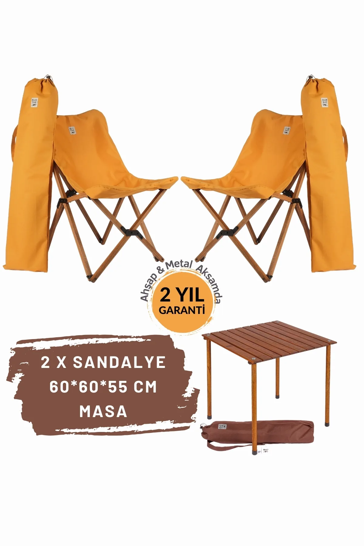 BAG THE JOY AHŞAP KATLANIR MASA SANDALYE SETİ – KAHVERENGİ – HARDAL -60*60*55