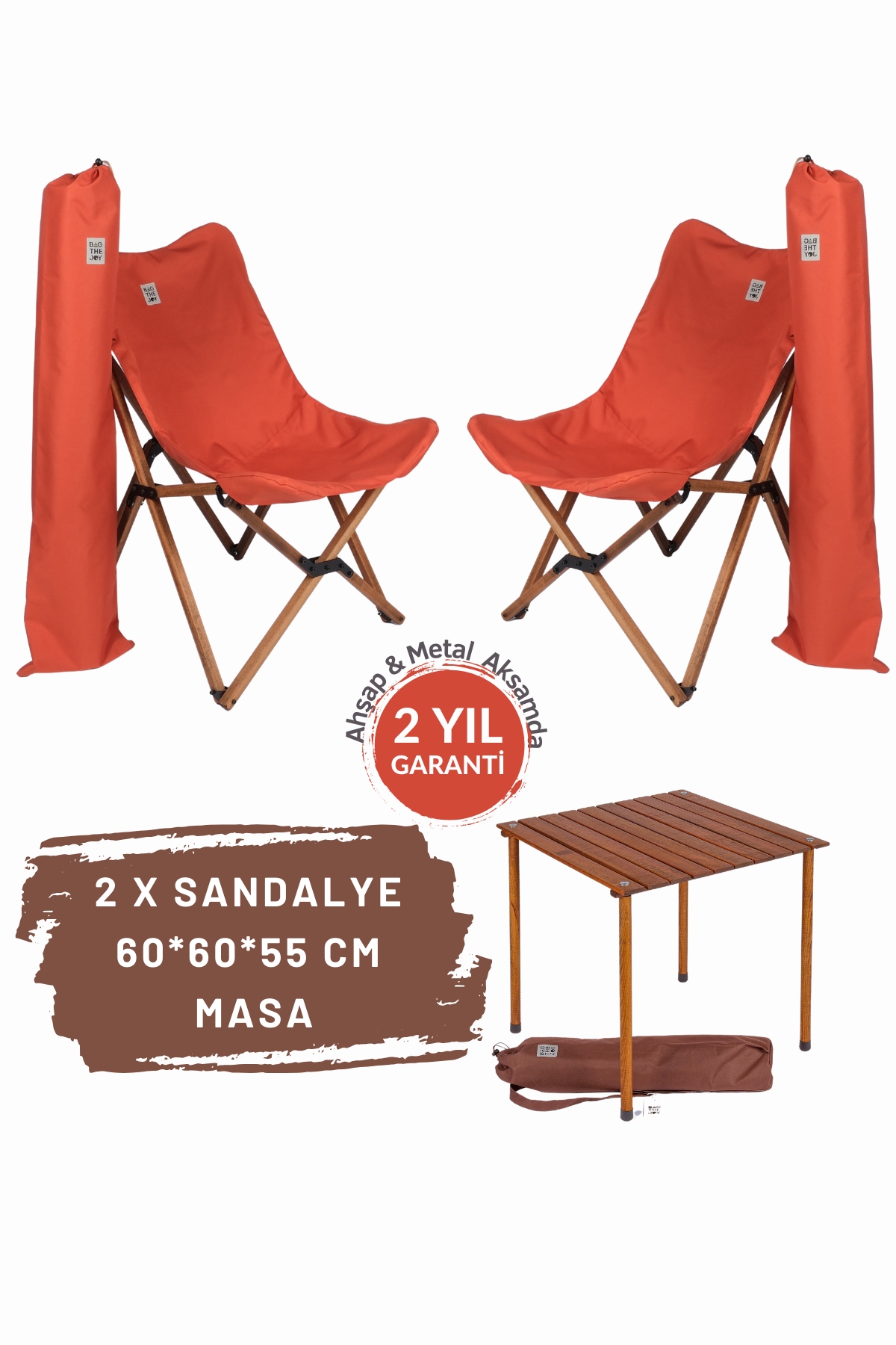 BAG THE JOY AHŞAP KATLANIR MASA SANDALYE SETİ – KAHVERENGİ – KİREMİT – 60*60*55cm