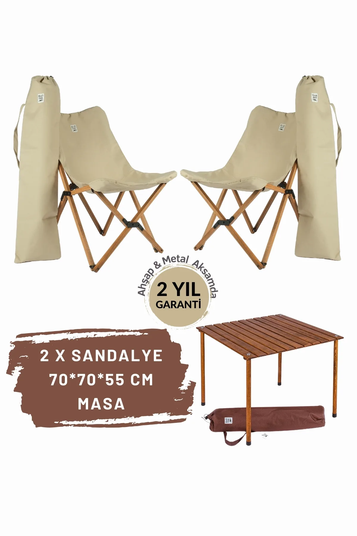 BAG THE JOY AHŞAP KATLANIR MASA SANDALYE SETİ – KAHVERENGİ – BEJ – 70*70*55cm