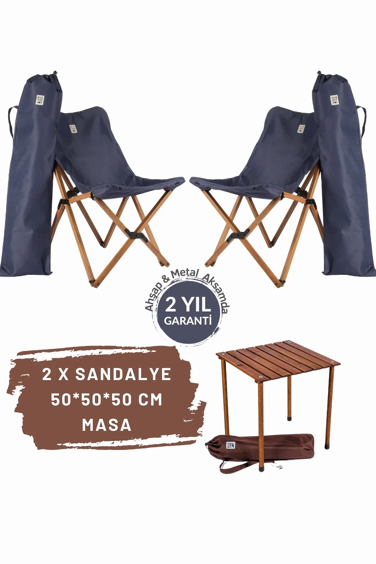 BAG THE JOY AHŞAP KATLANIR MASA SANDALYE SETİ – KAHVERENGİ – LACİVERT -50*50*50