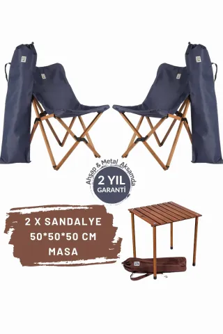 BAG THE JOY AHŞAP KATLANIR MASA SANDALYE SETİ – KAHVERENGİ – LACİVERT -50*50*50