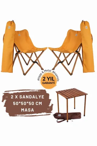 BAG THE JOY AHŞAP KATLANIR MASA SANDALYE SETİ – KAHVERENGİ – HARDAL -50*50*50